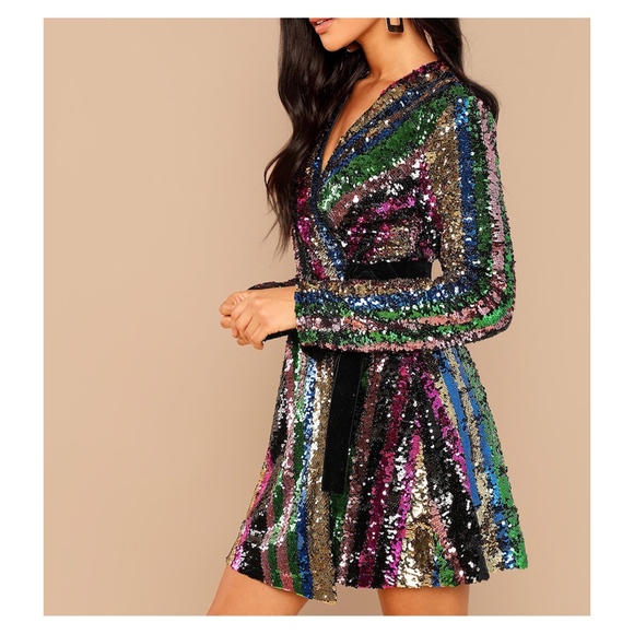 Colorful Rainbow Wrap Sequin Cocktail Dress - Picture 2 of 8